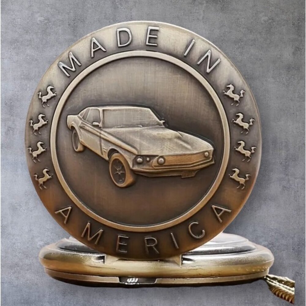 Pocket Chain Watch Mustang Car Flip Open Bronze Tone Quartz Second Hand - Picture 2 of 16